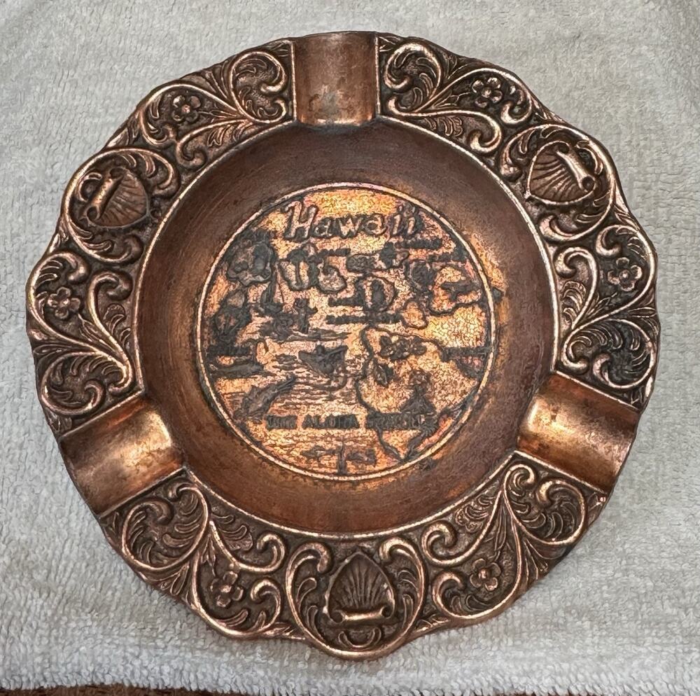 Vintage Ashtray Hawaii State Round Copper Travel Souvenir Used
